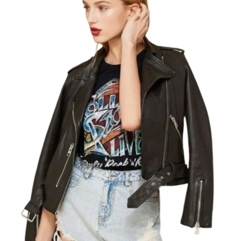 Allsaints‎ Balfern Black Leather Biker Moto Zip Jacket 00